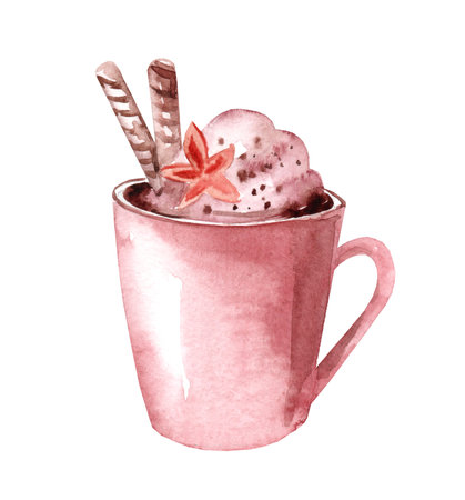 Mug with hot cocoa and sweetness isolated on white background. Watercolor illustration. Wafer rolls and whipped cream.の写真素材