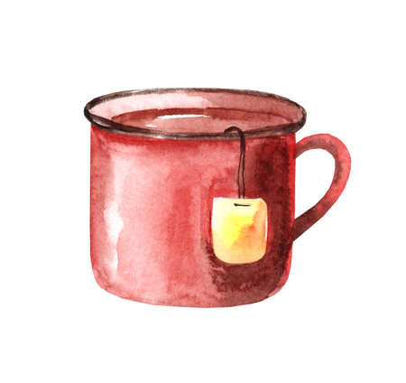 Metal mug with hot tea on a white background. Watercolor illustration. Tea bagsの写真素材