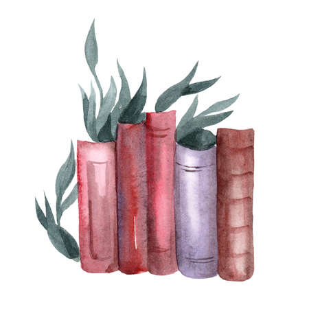 Vintage books on the shelf and green plants. Watercolor hand-drawn illustration. Vintage, retro style. Ecology, history, literatureの写真素材