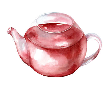 Glass teapot with tea isolated on white background. Watercolor hand drawn illustration. Green, black, herbal and rosehip tea.の写真素材
