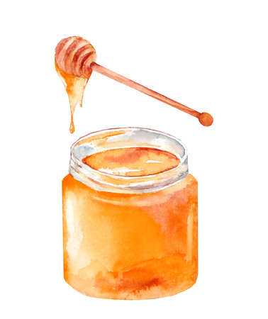 Honey jar with wooden spoon isolated on white background. Watercolor hand drawn illustration.の写真素材