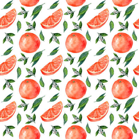 Seamless watercolor pattern with oranges on a branch. watercolor illustration, citrus fruits collection, botanical illustrationの写真素材