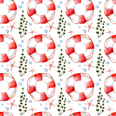 Seamless watercolor pattern with lifebuoy and seaweed. Vacation, summer, ocean.の写真素材