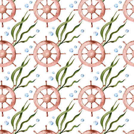 Seamless watercolor pattern with wooden steering wheel and algae. Summer holiday, ship, ocean