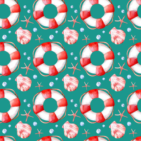 Seamless watercolor pattern with lifebuoy and seaweed. Vacation, summer, ocean.の写真素材