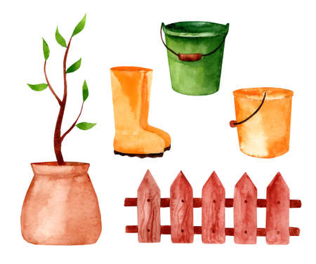 Set of garden items in hand drawn style. Various agricultural and garden tools for spring work. Growing potted plants, seedlings. Watercolor illustration isolated on white backgroundの写真素材