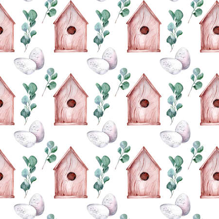 Watercolor seamless pattern with easter eggs and branches. Ideal for wrapping paper, textile fabric, holiday template.の写真素材