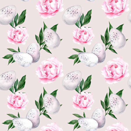 Watercolor seamless pattern with easter eggs, flowers and eucalyptus branches. Ideal for wrapping paper, textile fabric, holiday template.の写真素材