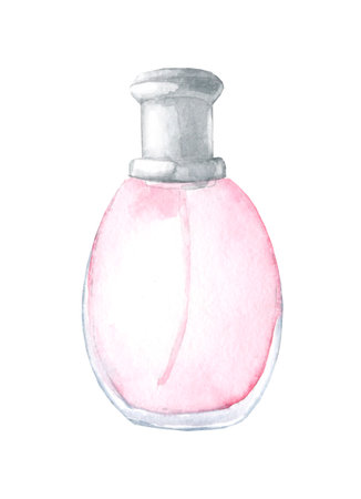 Glass pink perfume bottle. Watercolor hand drawn illustrationの写真素材