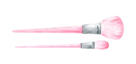 Pink makeup brushes. Watercolor hand drawn illustrationの写真素材
