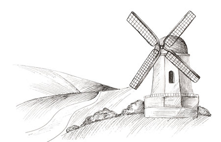 Rural landscape with windmill and fields. Hand drawn engraving style.の写真素材