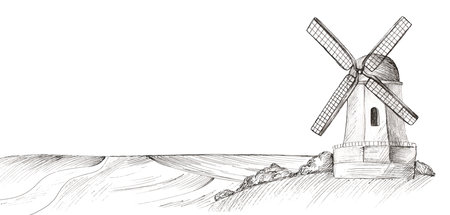 Rural landscape with windmill and fields. Hand drawn engraving style.の写真素材