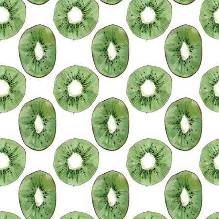 Illustration of kiwi slices isolated on a white background. watercolor seamless patternの写真素材