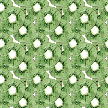 Illustration of kiwi slices isolated on a white background. watercolor seamless patternの写真素材