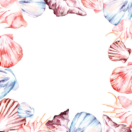 Seashell Square Frame. Hand drawn watercolor illustration of border with sea shells and starfishes on white isolated background for greeting cards or invitationsの写真素材