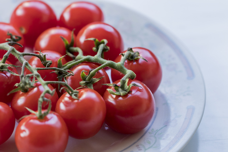 Beautiful portrait of some pretty tiny tomatoes just picked from the garden. High-angle shot. Seen from above. Close-up.の写真素材