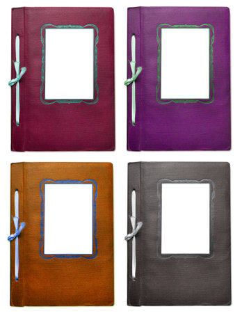 Collection of vintage colorful photoalbums for photos on white isolated backgroundの写真素材