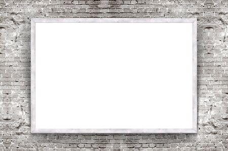 Blank banner with wooden frame on brick wall backgroundの写真素材