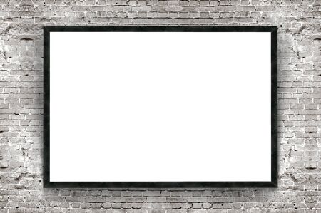 Blank banner with wooden frame on brick wall backgroundの写真素材