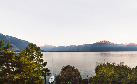 Panoramic view of Montreux, Alps and Geneva lake  in Switzerlandの写真素材