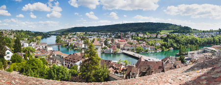 Panoramic view of Swiss town Schaffhausen. River Rhine. Europeのeditorial素材