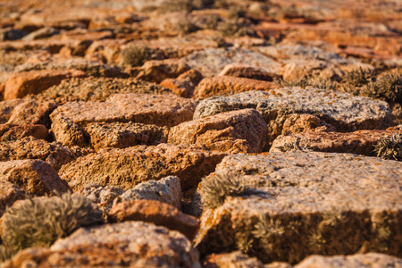 Close up view on the road pavement bricks. Old cobblestone walkway.の写真素材