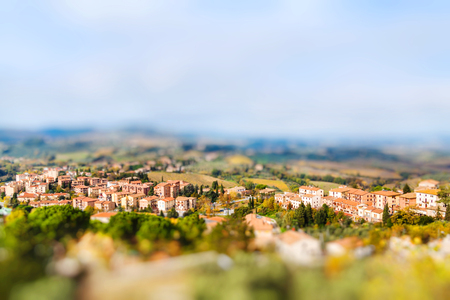 Panoramic view from San Gimignano, Tuscany, Italy. Miniature tilt shift lens effect.の写真素材