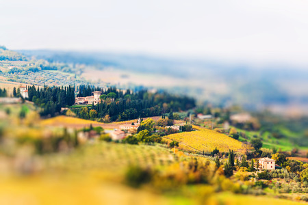 Panoramic view from San Gimignano, Tuscany, Italy. Miniature tilt shift lens effect.の写真素材