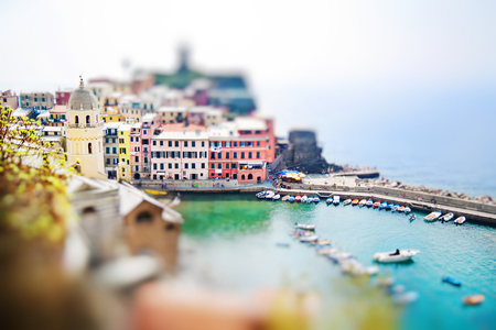 Panoramic view of Vernazza in Cinque terre, Liguria, Italy. Miniature tilt shift lens effect.の写真素材