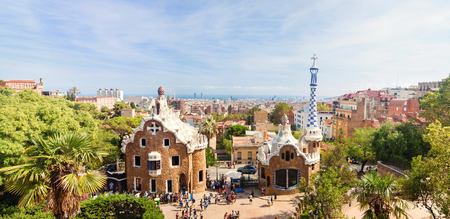 Panoramic view of the Park Guell by architect Antoni Gaudi in Barcelona, Spain.の写真素材
