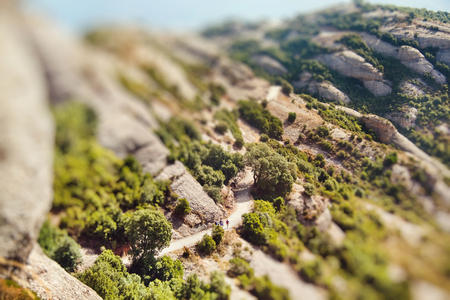 Aerial view of Montserrat mountain. Miniature tilt shift lens effect.の写真素材