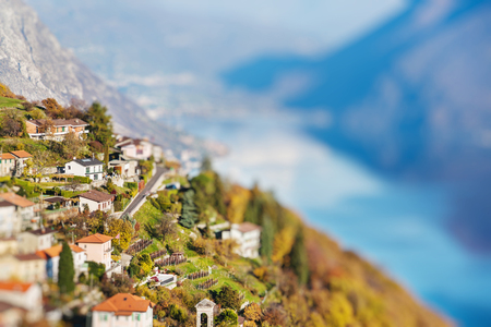 Panoramic view on Monte Bre, Lugano, Switzerland. Miniature tilt shift lens effect.の写真素材