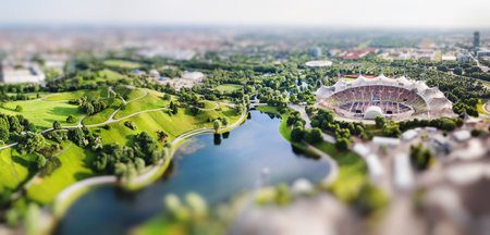 Panoramic view at Stadium of the Olympiapark in Munich, Germany.  Miniature tilt shift lens effect.のeditorial素材