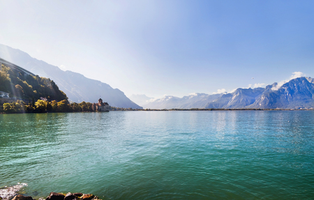 Panoramic view of Geneva lake and Chillion castle among mountains in  Switzerlandのeditorial素材