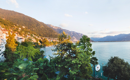 Panoramic view of Montreux, Alps and Geneva lake in  Switzerlandの写真素材