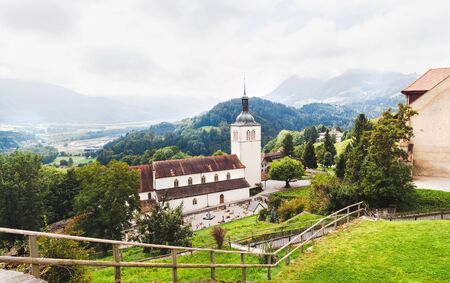 Panoramic view of Gruyeres and church. Switzerlandの写真素材