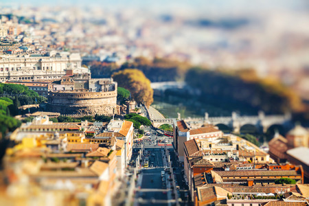 Panoramic view of Castle Sant'Angelo, via della conciliazione, Tiber river taken from St Peter Basilica. Rome, Italy. Miniature tilt shift lens effect.のeditorial素材