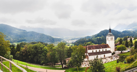 Panoramic view of Gruyeres and church. Switzerlandの写真素材
