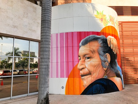 MÃ©rida, YucatÃ¡n / MÃ©xico - September 16, 2019: A colorful painting of an Indigenous Mexican woman on a cylindric shaped wall outside of a Mall in the north of the city.のeditorial素材
