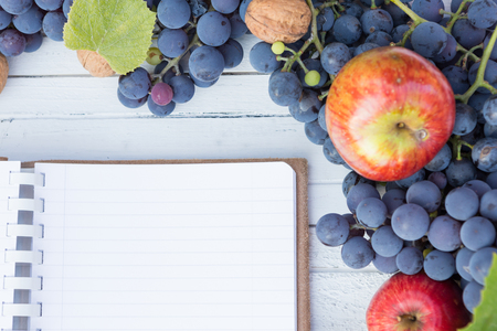 Blank notebook with copyspace and autumn grapes and apples as fall advertising area conceptの写真素材