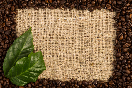 Full coffee frame on jute bag with fresh green leaves and copy space or textspaceの写真素材