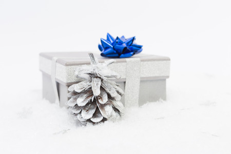 Winter happy birthday concept with gift or present and white pine cone on snow