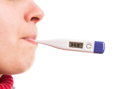 Woman mouth holding high  temperature digital thermometer as cold flu influenza concept with text...