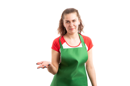 Young woman supermarket or hypermarket employee making asking gesture as retail demanding request concept isolated on white backgroundの写真素材