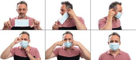How to wear a medical or surgical mask tutorial collage as pandemic influenza concept with male...