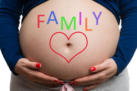 Close-up of future mother holding belly with family text and heart shape as love conceptの写真素材