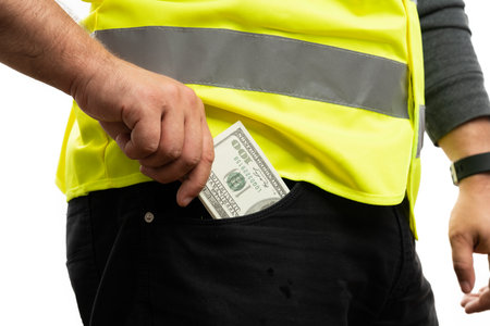 Close-up of builder man wearing fluorescent work vest putting cash money in pants or trousers pocket...