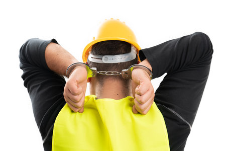 Male builder wearing work clothing fluorescent vest and safety hardhat holding handcuffed hands behind back of neck isolated on white backgroundの写真素材