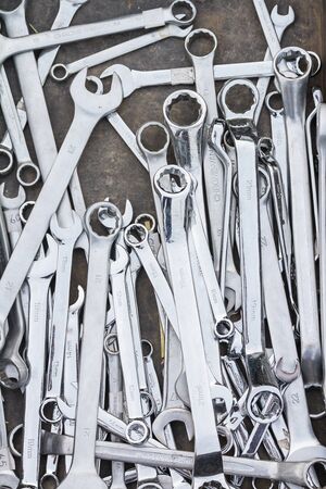 Pile of stainless steel wrench jaw spanner toolsの写真素材