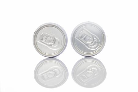 Two juice can with pull tab ring on white backgroundの写真素材
